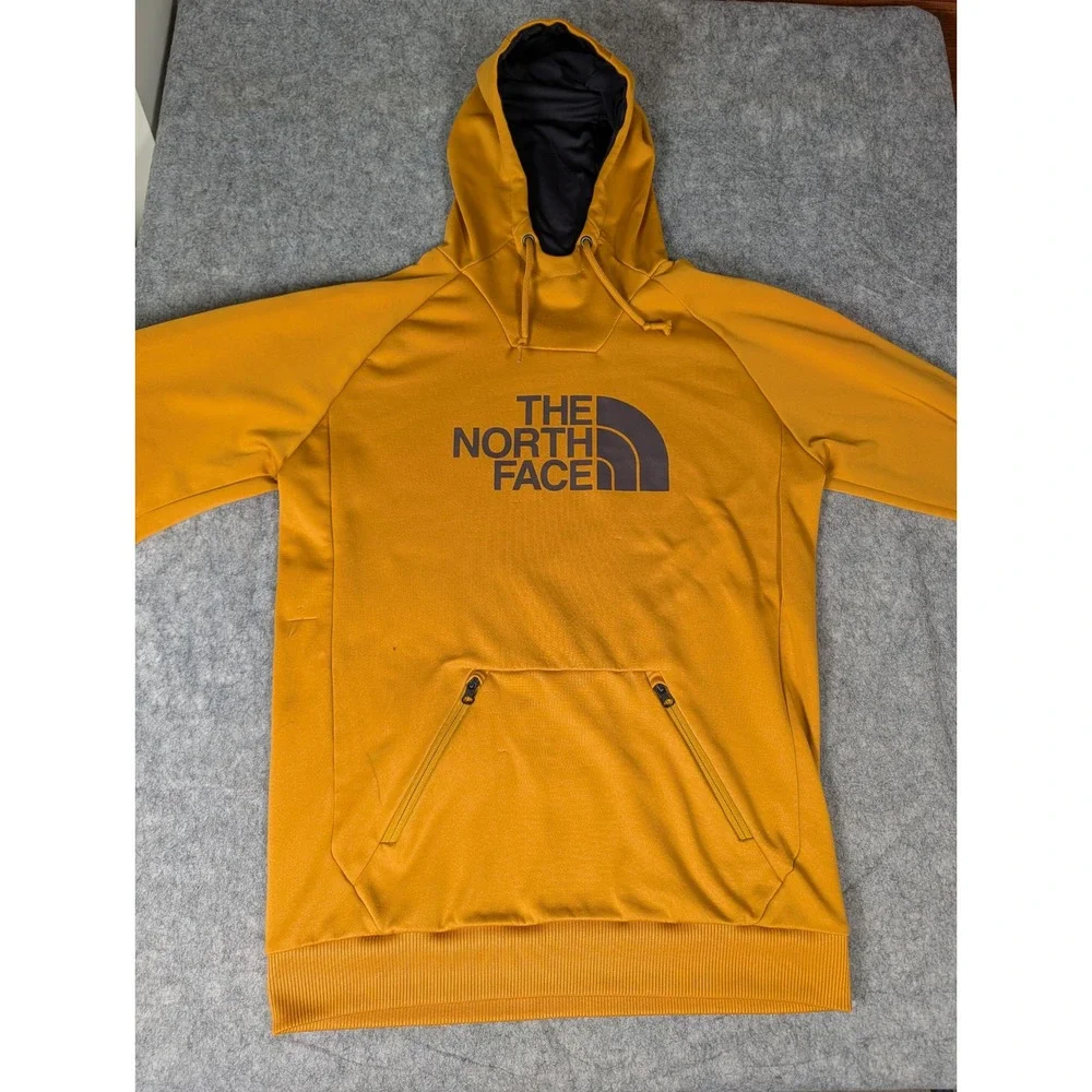 The North Face Mens Tech Pullover Hoodie Mustard Yellow Zippered Pocket Logo M